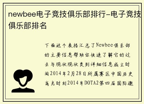 newbee电子竞技俱乐部排行-电子竞技俱乐部排名