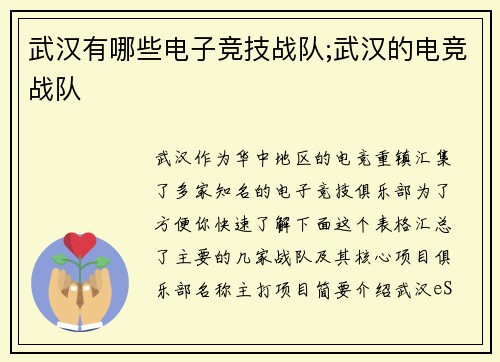 武汉有哪些电子竞技战队;武汉的电竞战队